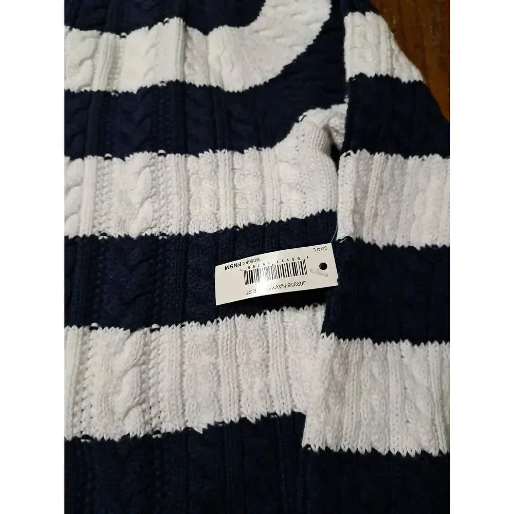 New Small Amazon Essentials Long Sleeve Cotton Blue White Pullover Sweater NWT